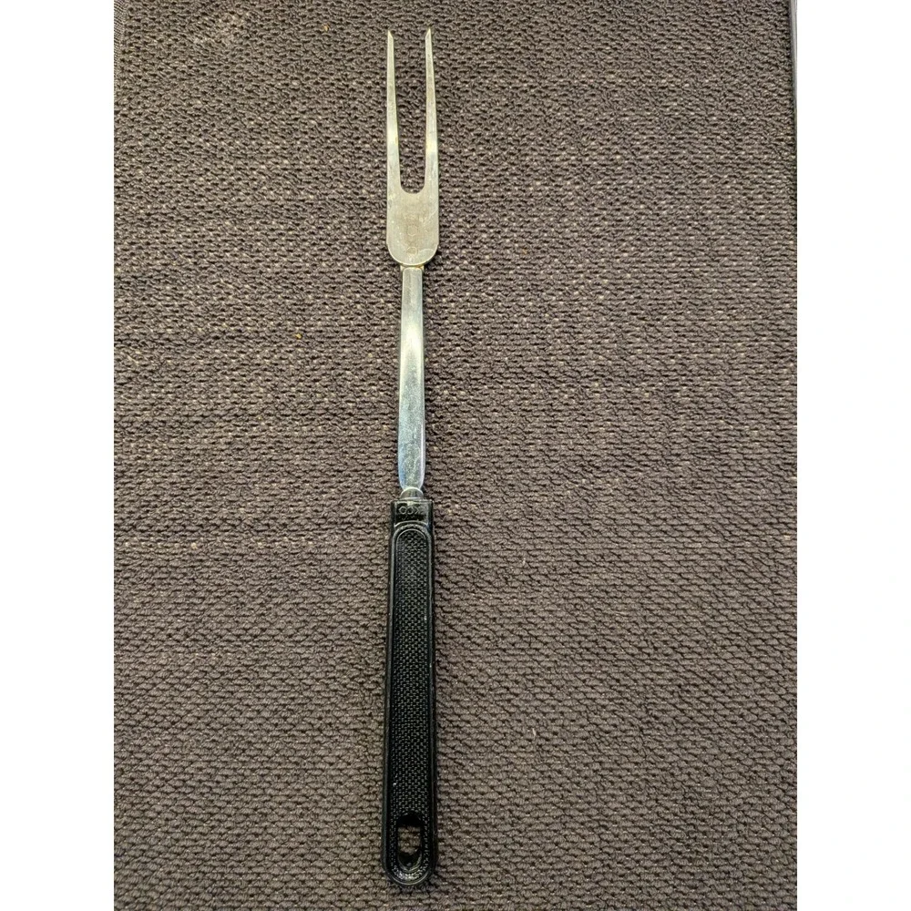 Vintage EKCO Meat Carving Fork 2 Tine Stainless Steel Black Composite Handle MCM